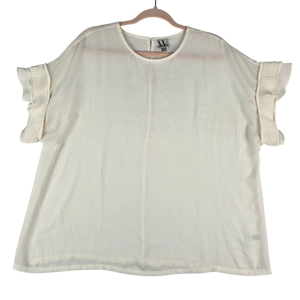 Worthington Pleated Ruffle Sleeve Blouse Women XXL Cream Round Neck Keyhole Back